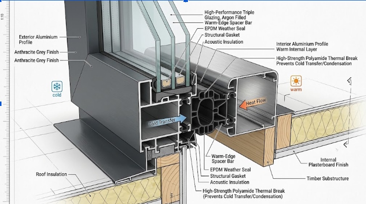 Detailed cross-section of thermal break technology in aluminium skylights