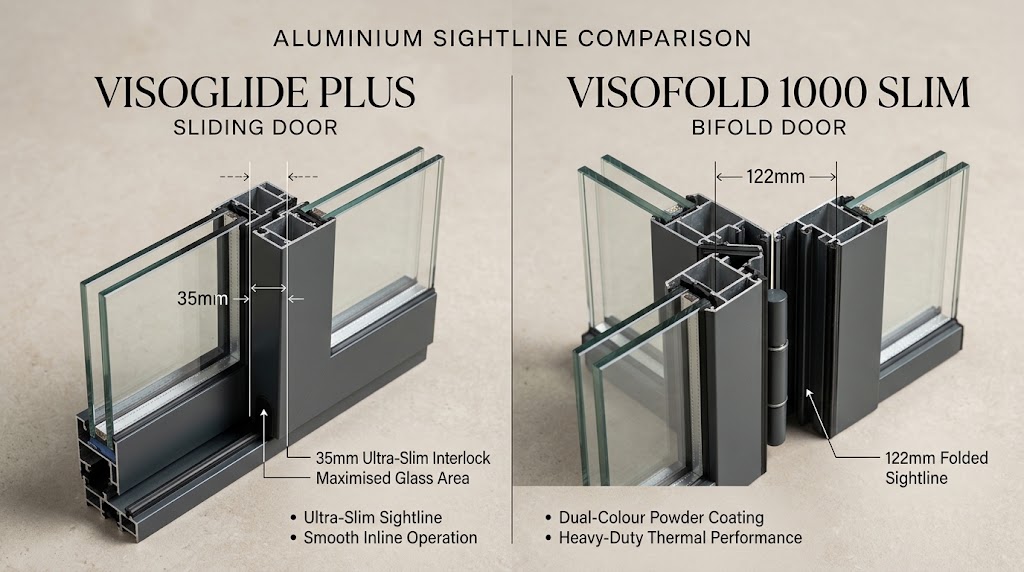 Photographic comparison of a 35mm sliding door interlock beside a 122mm slimline bifold mullion profile.